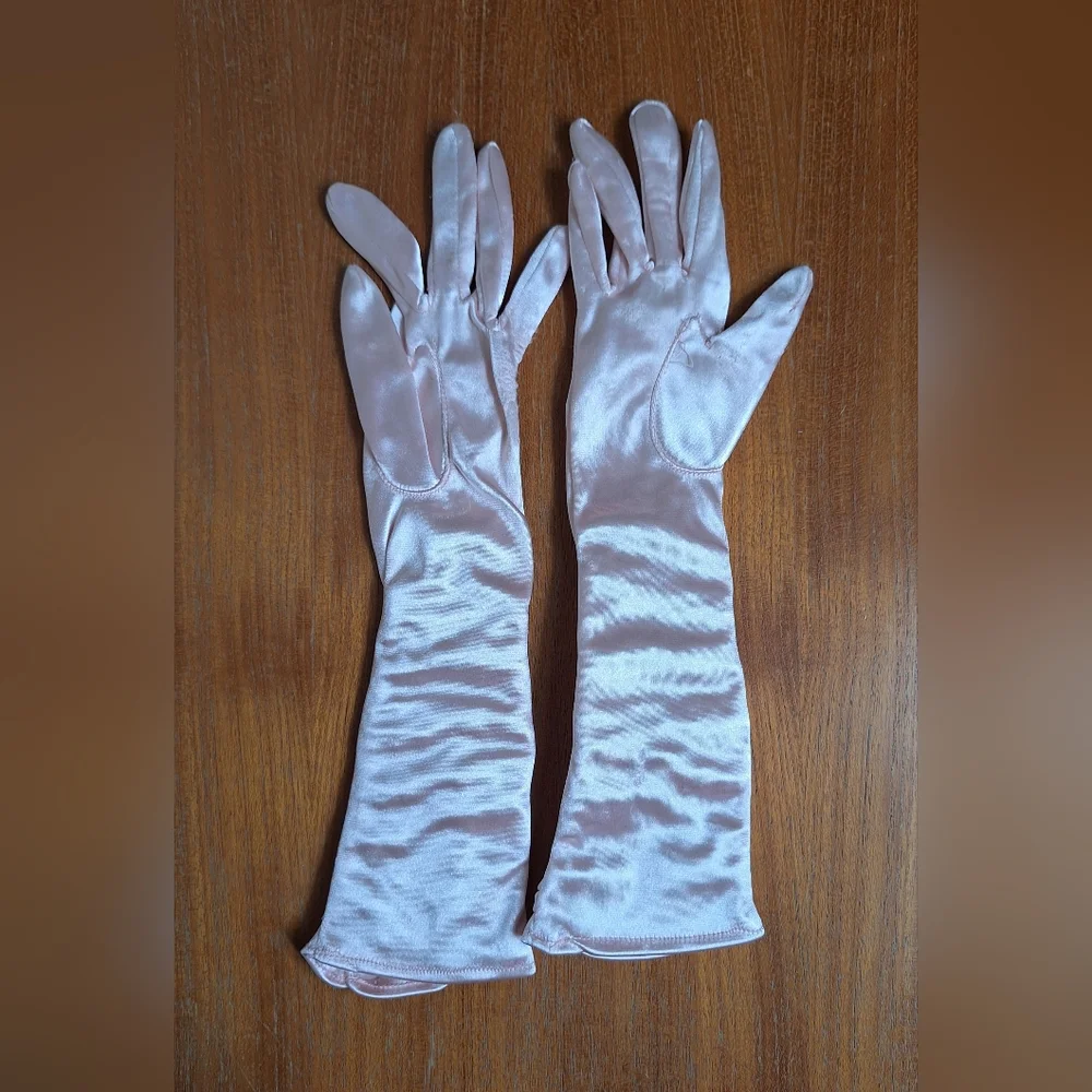 Vintage Pink Satin Opera Gloves Ruched Prom HOCO Formal Black Tie Evening